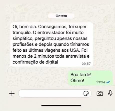 Print de conversa no WhatsApp: cliente conta que a entrevista foi super tranquila, o entrevistador foi simpático e a confirmação da digital levou menos de 2 minutos.