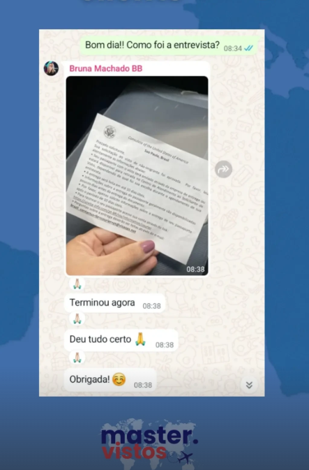 Print de conversa no WhatsApp com a cliente Bruna Machado: foto do comprovante do visto aprovado em mãos e a mensagem 'Deu tudo certo, obrigada'.